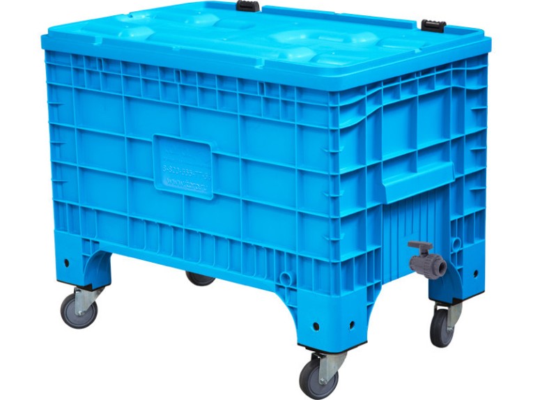 Контейнер 1017х636х793 сплошной, на колёсах, с крышкой на петлях, с КШ 1 внешняя резьба цв. сини купить в Ярославле Контейнер 1017х636х793 сплошной, на колёсах, с крышкой на петлях, с КШ 1 внешняя резьба цв. сини купить в Ярославле