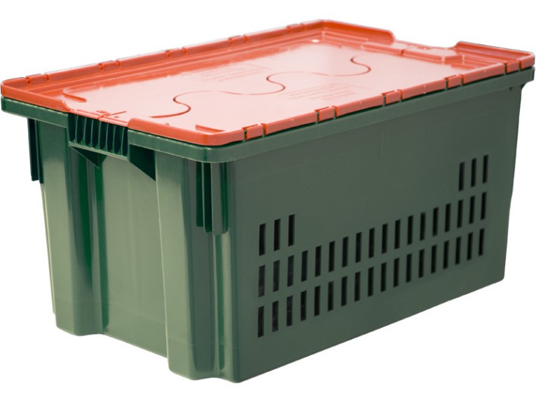 Ящик 600х400х300 дно сплошное, стенки перфорированные, Safe PRO цв. зелёный с оранжевой крышкой купить в Ярославле